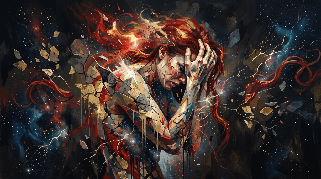 Woman holding head in hands while looking at bills and laptop on kitchen counter